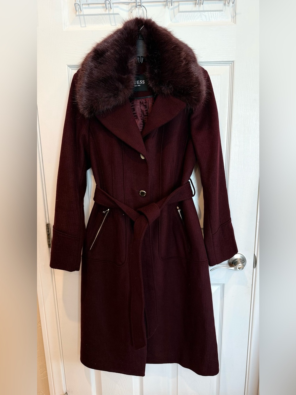 GUESS Burgundy Wool-Blend Trench Coat with Faux Fur Collar